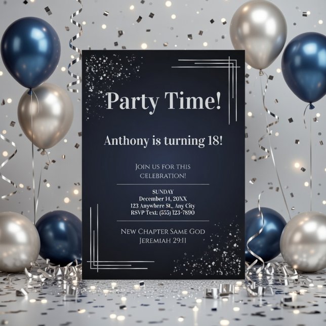 Modern Dark Blue & Silver 18th Birthday Invitation Inbjudningar (Skapare uppladdad)