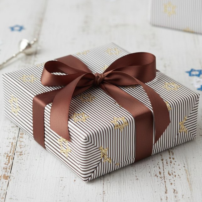 Modern Dark Brown Jewish Gold Star of David Presentpapper (Modern Elegant Dark Brown Stripes Jewish Wrapping Paper for Him for Bar Mitzvah, Mazel Tov, Hanukkah)