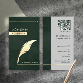 Modern Dark Emerald Green Gold Quill Notary Public Visitkort