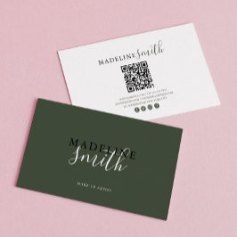 Modern Dark Green Script QR code Visitkort