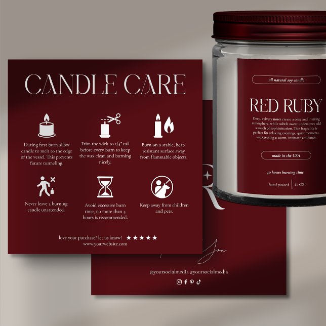 Modern Dark Red Candle Care Card Tack Kort (Skapare uppladdad)