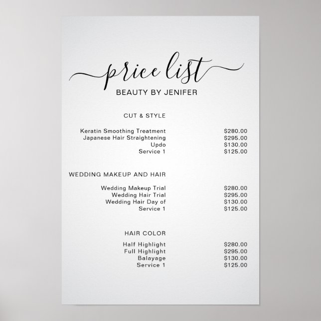 Modern Dark White  Elegant Skönhetssalong prislist Poster (Framsidan)