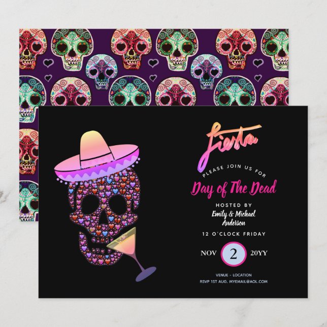 Modern Day of the dead Fiesta Inbjudningskort Rosa (Fram/baksida)