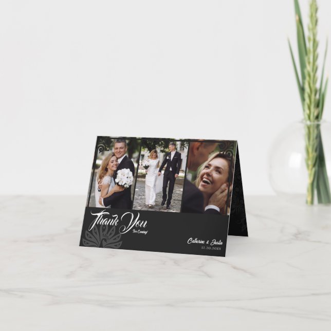 Modern Deco Black Peacock 3 Photo Bröllop Folkad Tack Kort (Framsida)