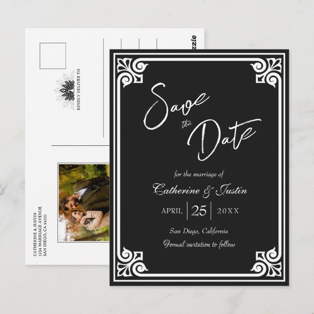 Modern deco Black Peacock Photo Save Date Vykort (Fram/baksida)