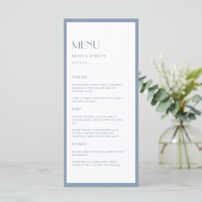 Modern Deco Dusty Blue Bröllop Flat Menu Meny (Stående Fram)