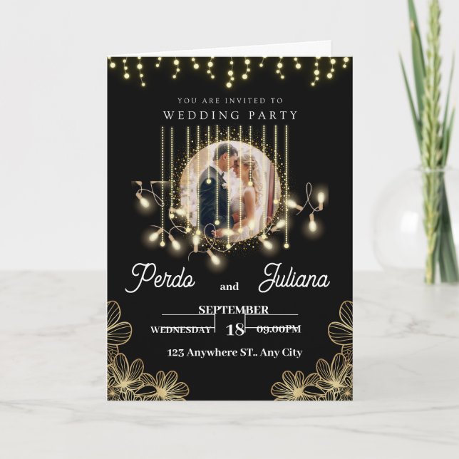 Modern Deco Elegant Black och guld Bröllop inbjude Inbjudan (Framsida)