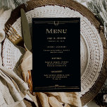 Modern Deco | Elegant Black och Guld Bröllop Menu Flygblad<br><div class="desc">Den här glamorösa bröllop-menyn har en modern centrifugering på klassisk konsthandling. Ornat,  faux guld utseendet geometriskt gräns och dekoration dekorerar en elegant mörk onyx svart bakgrund för ett dramatiskt,  vintage 1920-tal på middagsmenyn.</div>