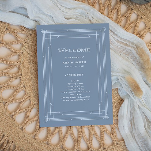 Modern Deco | Elegant Dusty Blue and White Bröllop Program (An elegant, classic art deco style wedding program in dusty blue and white)
