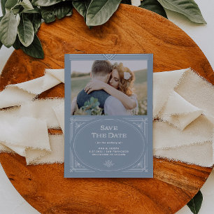 Modern Deco Elegant Dusty Blue and White Photo Spara Datumet
