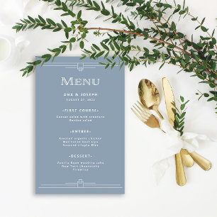 Modern Deco Elegant Dusty Blue Bröllop Menu Flygblad
