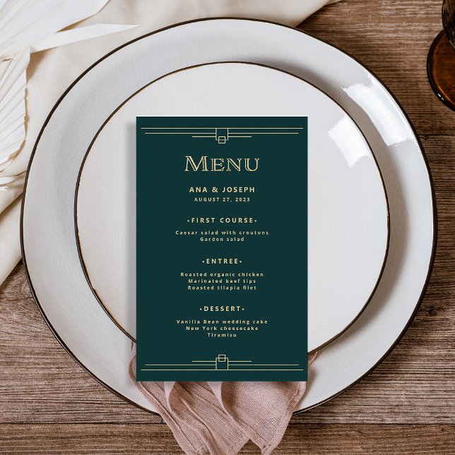Modern Deco | Elegant Emerald Grönt Bröllop Menu Flygblad (An elegant, rich emerald green wedding menu in art deco style, with champagne gold accents)