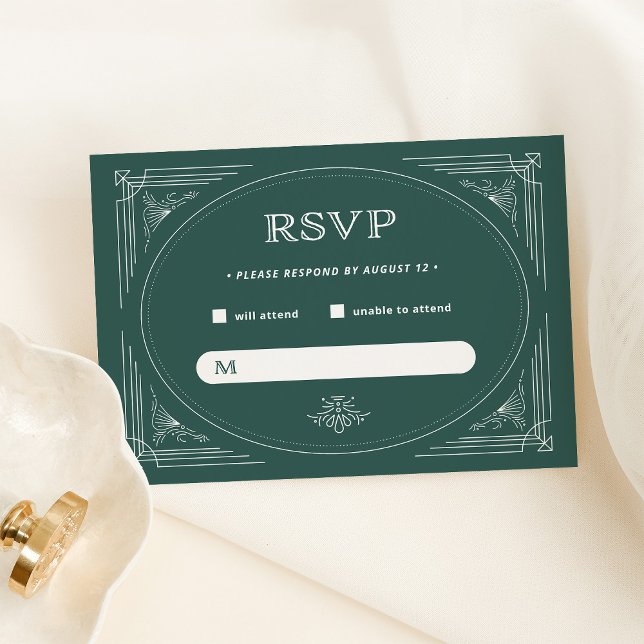 Modern Deco | ELEGANT GRÖNT HELGDAG BRÖLLOP OSA Kort (An elegant, festive green rsvp card for your Christmas holiday wedding)