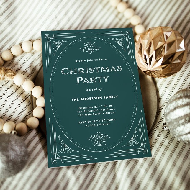 Modern Deco | Elegant Grönt jul Party Inbjudningar (An elegant, green art deco style Christmas party invitation)