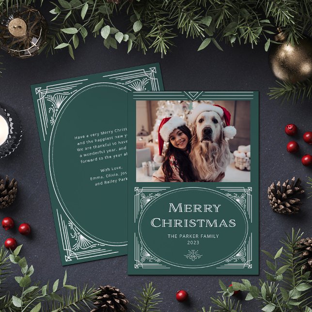 Modern Deco | Elegant Grönt med foto Julkort (An elegant, art deco style green Christmas card)