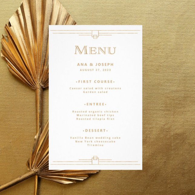 Modern Deco | Elegant guld- och vit bröllopsmeny Flygblad (Skapare uppladdad)