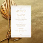 Modern Deco | Elegant Guld och Vita Bröllop Menu Flygblad<br><div class="desc">Den här glamorösa bröllop-menyn har en modern centrifugering på klassisk konsthandling. Ornat,  faux guld ser geometriskt gräns och prydnadation ut och dekorerar en elegant vit bakgrund för ett dramatiskt,  vintage 1920-menyutseende.</div>