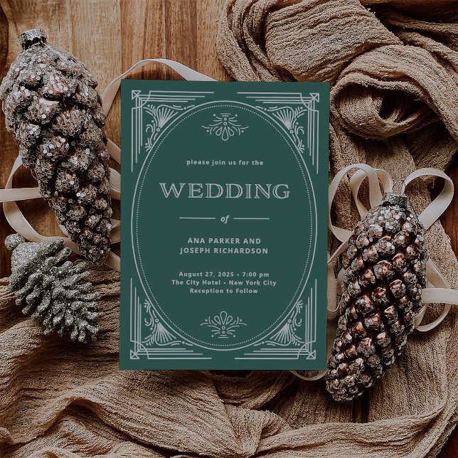 Modern Deco | ELEGANT HELGDAG GRÖNT BRÖLLOP Inbjudningar (An elegant wedding invitation for the holidays in festive green with light silver/white accents)