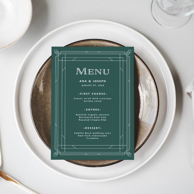 Modern Deco | ELEGANT HELGDAG GRÖNT BRÖLLOP Meny (A festive green menu for your elegant holiday wedding)