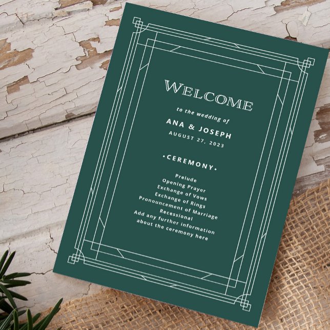 Modern Deco | ELEGANT HELGDAG GRÖNT BRÖLLOP Program (A festive green welcome program for your holiday wedding)