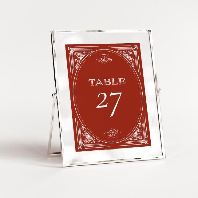 Modern Deco | Elegant Helgdag Red Bröllop Bordsnummer (Festive red table numbers in an elegant art deco style for your holiday wedding)