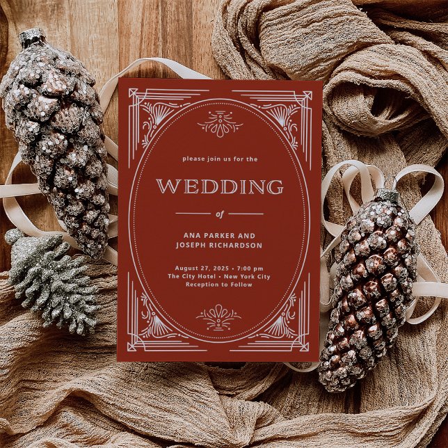 Modern Deco | Elegant Helgdag Red Bröllop Inbjudningar (A rich red background with light silver/white accents make this the perfect holiday wedding invite)