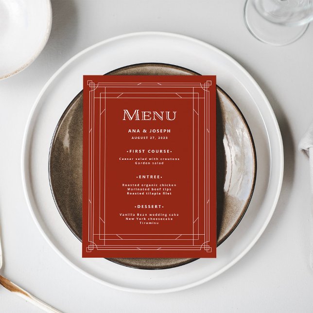 Modern Deco | Elegant Helgdag Red Bröllop Meny (A festive, red menu for your elegant holiday wedding)