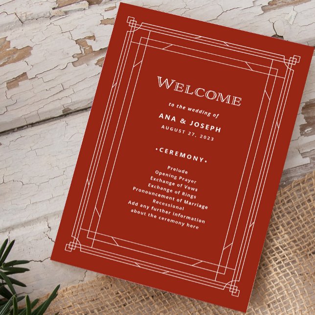 Modern Deco | Elegant Helgdag Red Bröllop Program (A festive red welcome program for your holiday wedding)