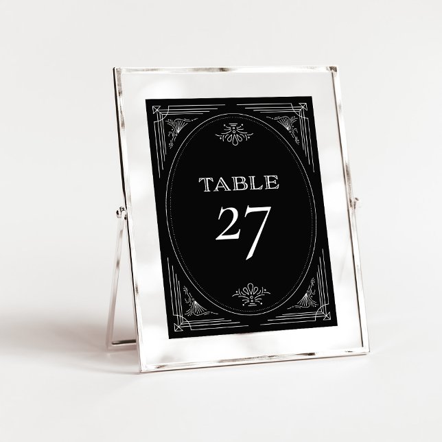 Modern Deco | Elegant Onyx Black and White Bröllop Bordsnummer (An elegant, art deco style wedding table number in dark onyx black and white)