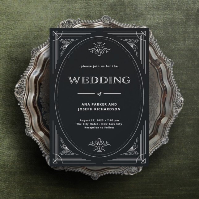 Modern Deco | Elegant Onyx Black and White Bröllop Inbjudningar (An elegant and dark art deco wedding invitation, perfect if black is one of your wedding colors.)
