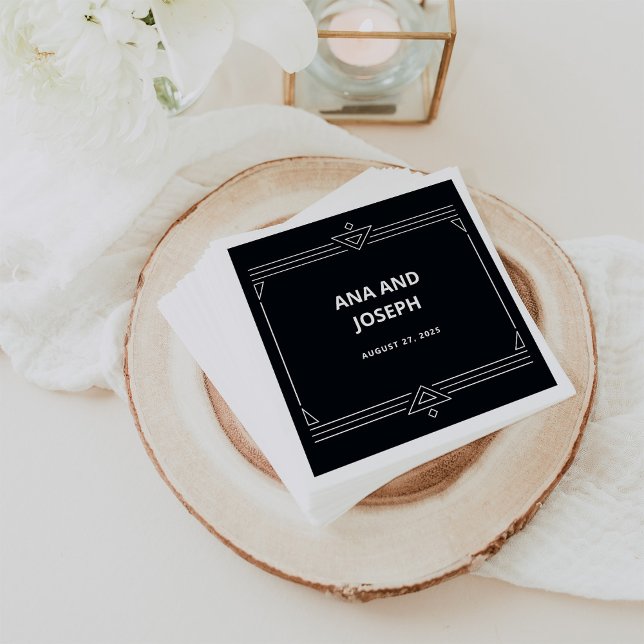 Modern Deco | Elegant Onyx Black and White Bröllop Pappersservett (Elegant, dark onyx black wedding napkins with art deco style)