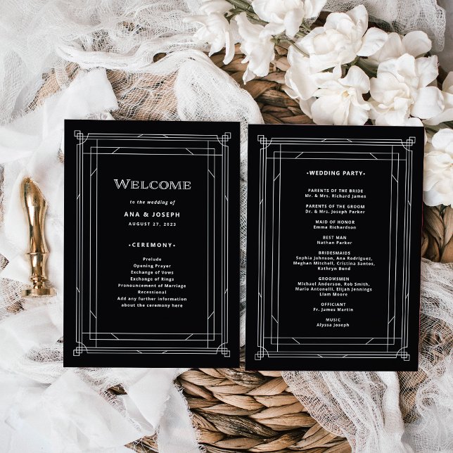 Modern Deco | Elegant Onyx Black and White Bröllop Program (A vintage, art deco style wedding program in dark onyx black)