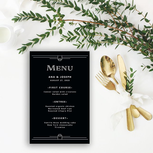 Modern Deco | Elegant Onyx Black Bröllop Menu Flygblad (Skapare uppladdad)