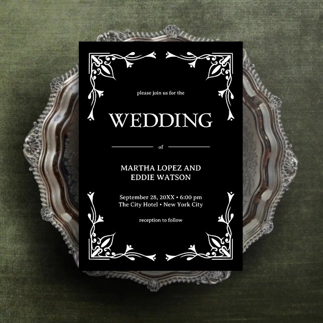 Modern Deco | Elegant Onyx Svart och Vitt Bröllop Inbjudningar (Modern deco onyx black and white wedding invitation creates a bold, elegant wedding vibe.)