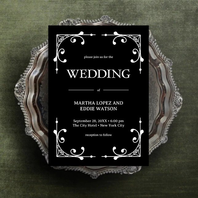 Modern Deco | Elegant Onyx Svart och Vitt Bröllop Inbjudningar (Modern deco onyx black and white wedding invitation adds bold style to your elegant celebration.)