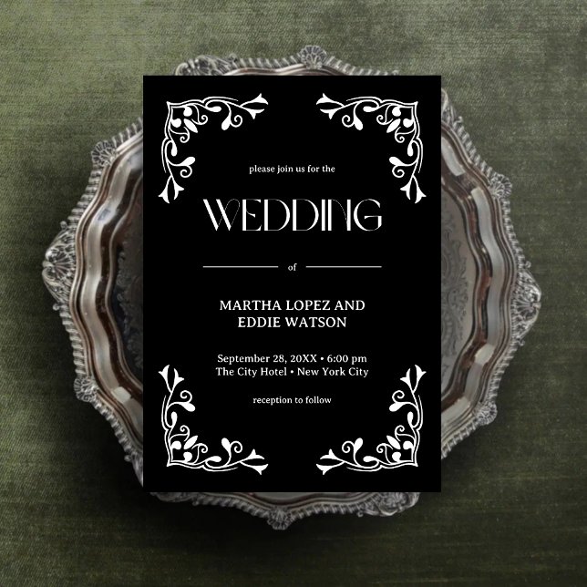 Modern Deco | Elegant Onyx Svart och Vitt Bröllop Inbjudningar (Modern deco onyx black and white wedding invitation sets a bold, elegant wedding tone.)
