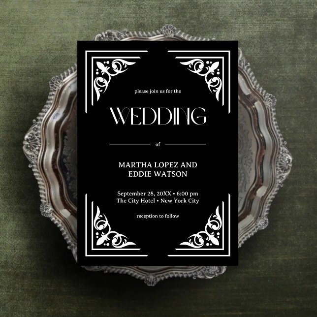Modern Deco | Elegant Onyx Svart och Vitt Bröllop Inbjudningar (Modern deco onyx black and white wedding invitation creates a bold, timeless first impression.)