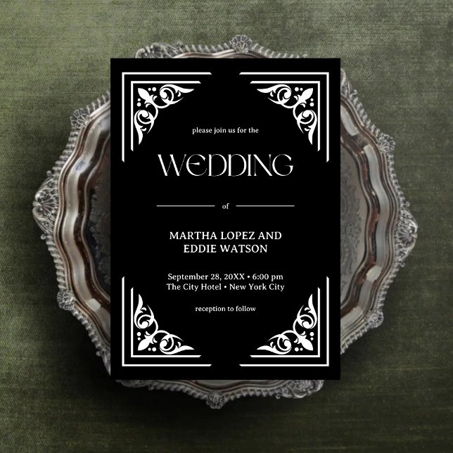 Modern Deco | Elegant Onyx Svart och Vitt Bröllop Inbjudningar (Modern deco onyx black and white wedding invitation adds sleek style to your wedding day.)