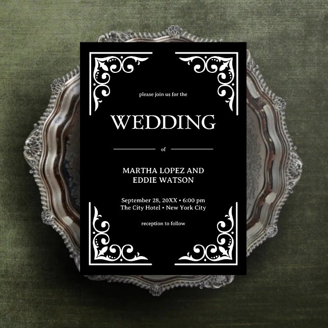 Modern Deco | Elegant Onyx Svart och Vitt Bröllop Inbjudningar (Modern deco onyx black and white wedding invitation sets a bold, timeless tone.)
