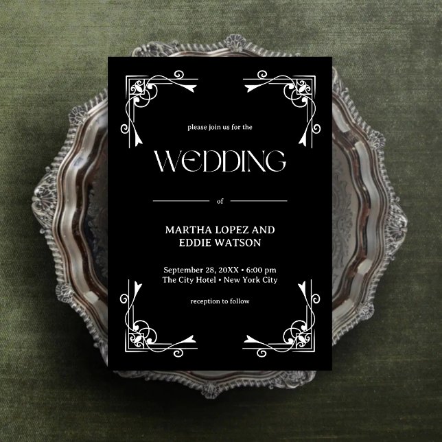Modern Deco | Elegant Onyx Svart och Vitt Bröllop Inbjudningar (Modern deco onyx black and white invitation adds timeless elegance to your special day.)