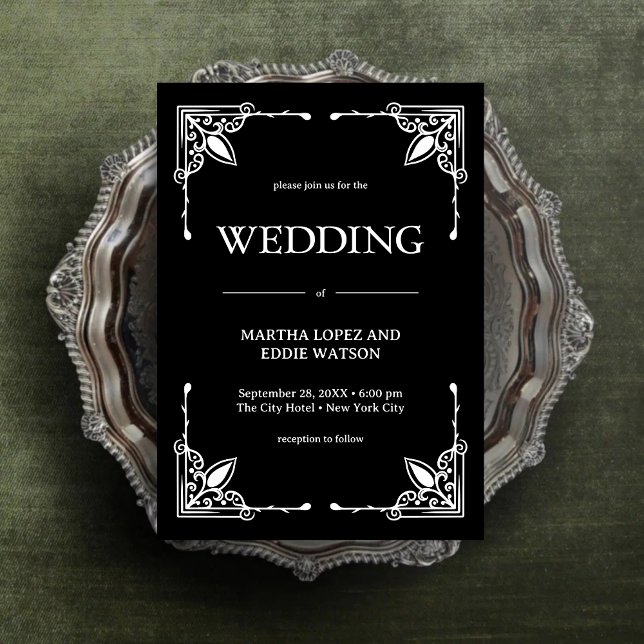 Modern Deco | Elegant Onyx Svart och Vitt Bröllop Inbjudningar (Modern deco onyx black and white invitation sets a refined tone for your personalized wedding.)