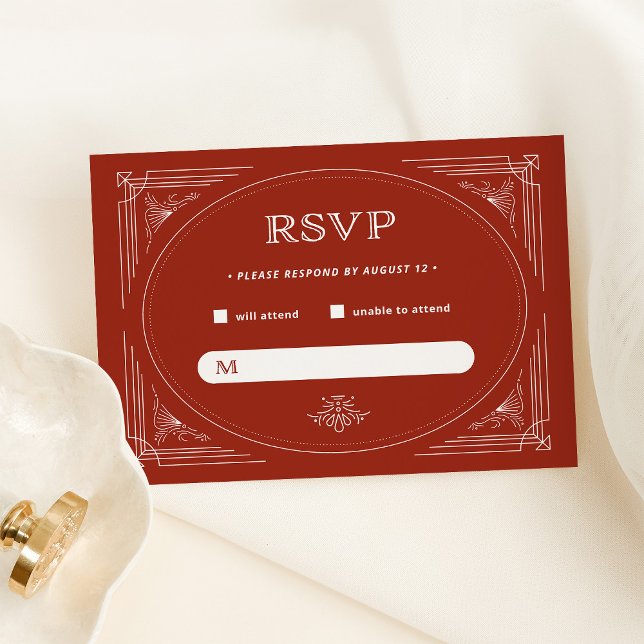 Modern Deco | Elegant Red Helgdag Bröllop OSA Kort (An elegant red rsvp card for your Christmas holiday wedding)