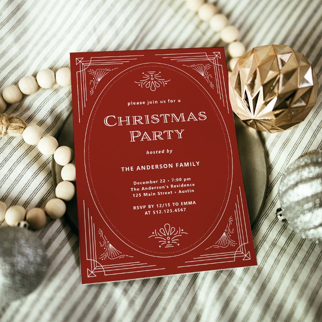 Modern Deco | Elegant Röd jul Party Inbjudningar (An elegant red art deco Christmas party invitation)