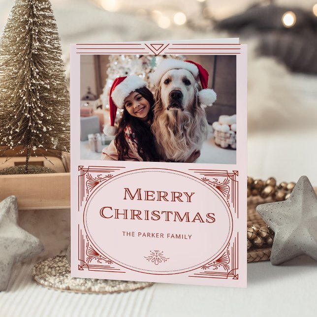 Modern Deco | Elegant Rosa och rött med foto Helgkort (A stylish blush pink and red Christmas card with elegant art deco accents)