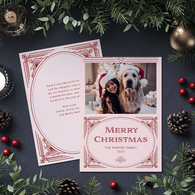 Modern Deco | Elegant Rosa och rött med foto Julkort (An elegant, art deco style Christmas card in red and pink)