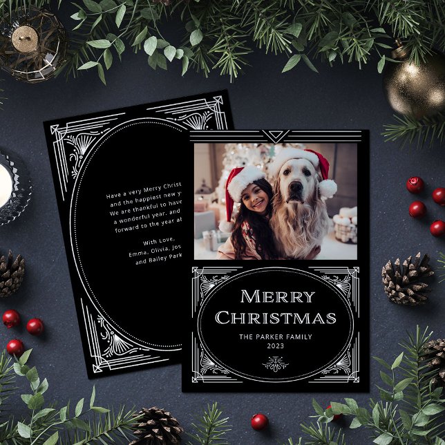 Modern Deco | Elegant svart med foto Julkort (An elegant, art deco style black Christmas card)