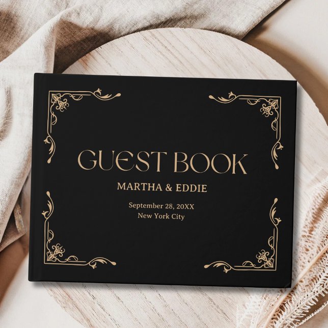 Modern Deco | Elegant Svart och Guld Bröllop Gästböcker (Modern deco black and gold guest book holds personalized wedding wishes with timeless elegance.)