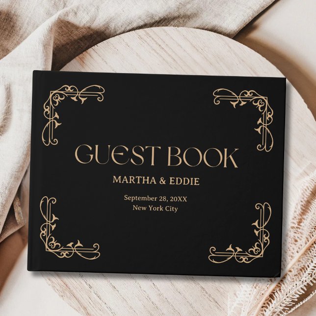 Modern Deco | Elegant Svart och Guld Bröllop Gästböcker (Modern deco black and gold guest book preserves joyful wedding messages with elegant flair.)