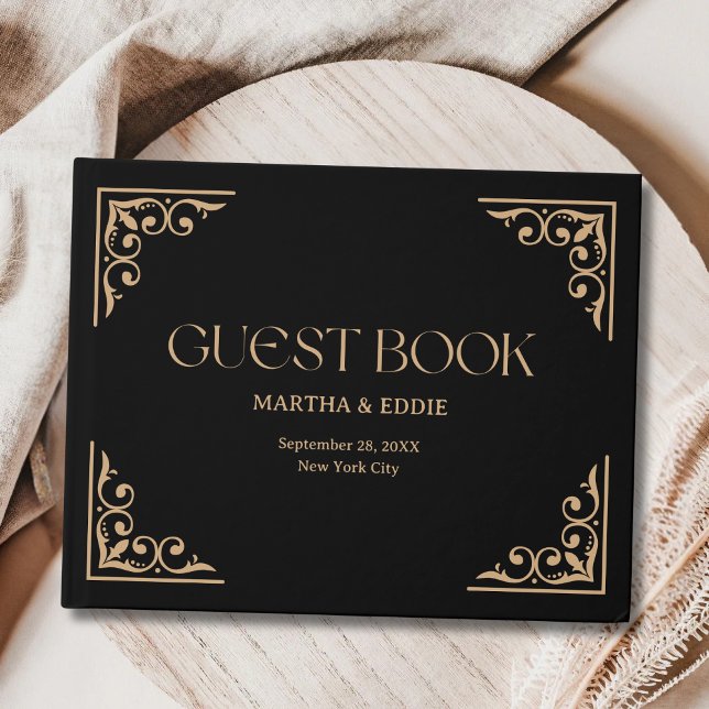 Modern Deco | Elegant Svart och Guld Bröllop Gästböcker (Elegant black and gold guest book keeps every wedding message beautifully preserved.)