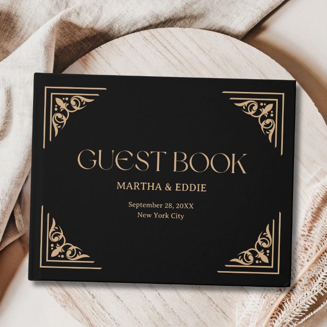 Modern Deco | Elegant Svart och Guld Bröllop Gästböcker (Elegant black and gold guest book captures heartfelt wedding memories in timeless deco style.)